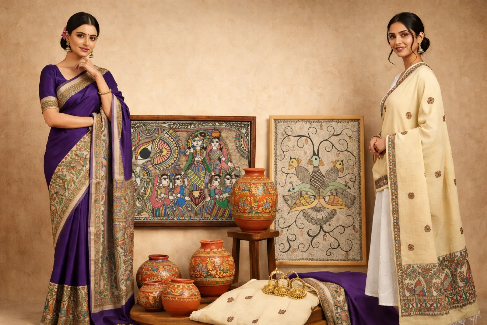 Models in hand-painted Mithila sarees beside framed Madhubani paintings
